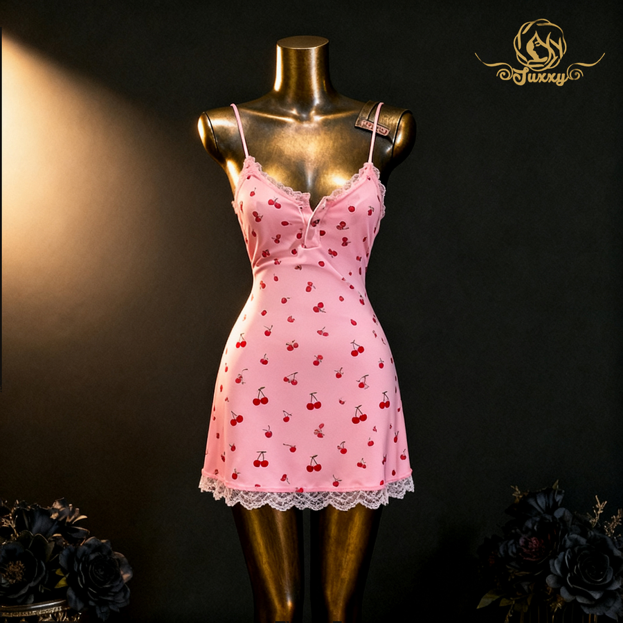 🍒A sexy cherry-patterned, alluring, bodycon slip dress🩱