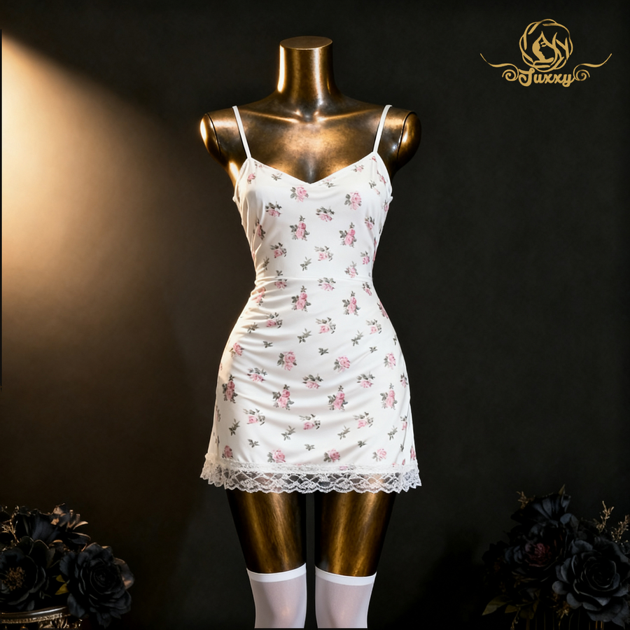 ??Sexy floral print halter-neck bodycon dress with lace trim??