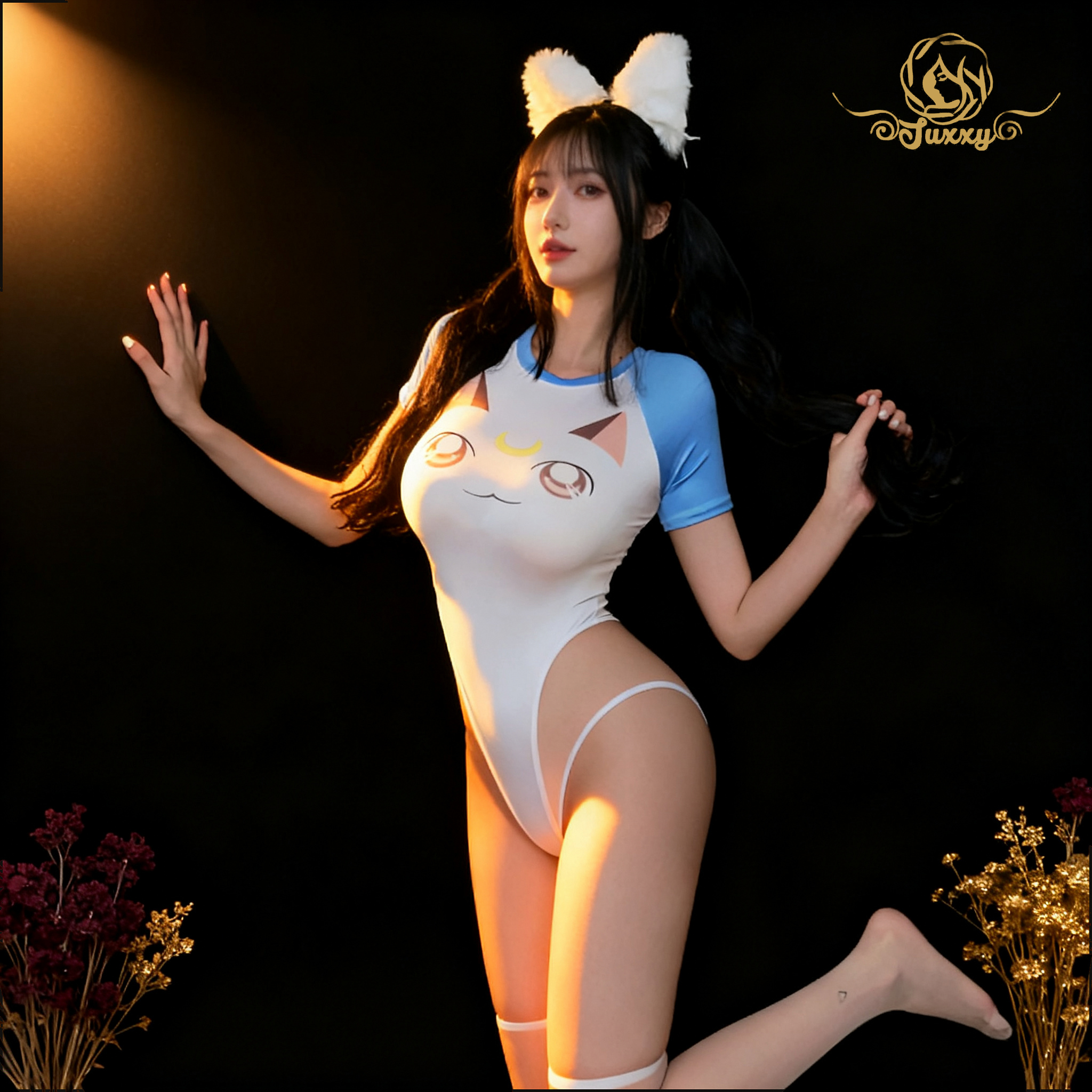 A sexy,?? high-slit bodysuit, in a cosplay style, reminiscent of a wildcat.??