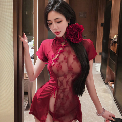 "Retro Charm" 🥰Sexy Cheongsam Uniform with Lace Cutout Design, Floral Print, and Mesh Style🎀