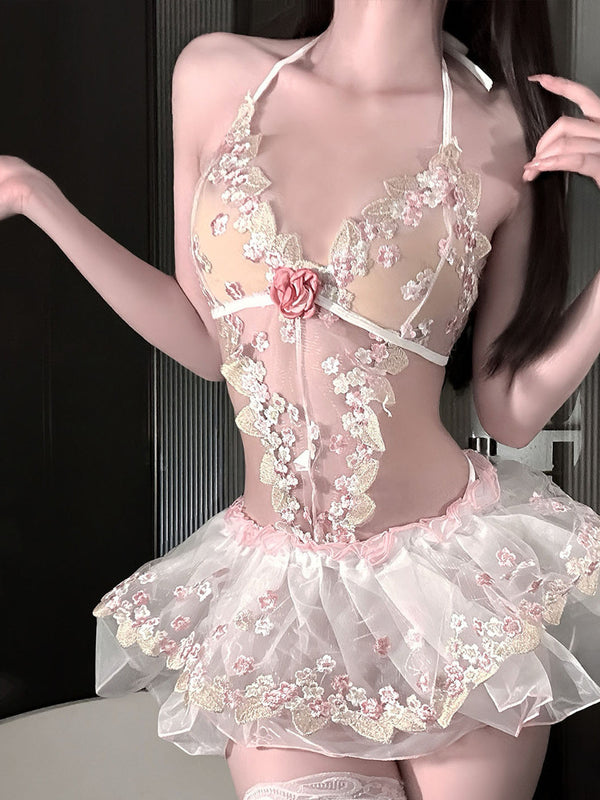 "Elegant Ballet" ?? A sexy uniform featuring a small floral print, semi-sheer mesh fabric, and a puffy skirt design ??