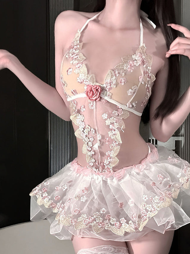 "Elegant Ballet" ?? A sexy uniform featuring a small floral print, semi-sheer mesh fabric, and a puffy skirt design ??
