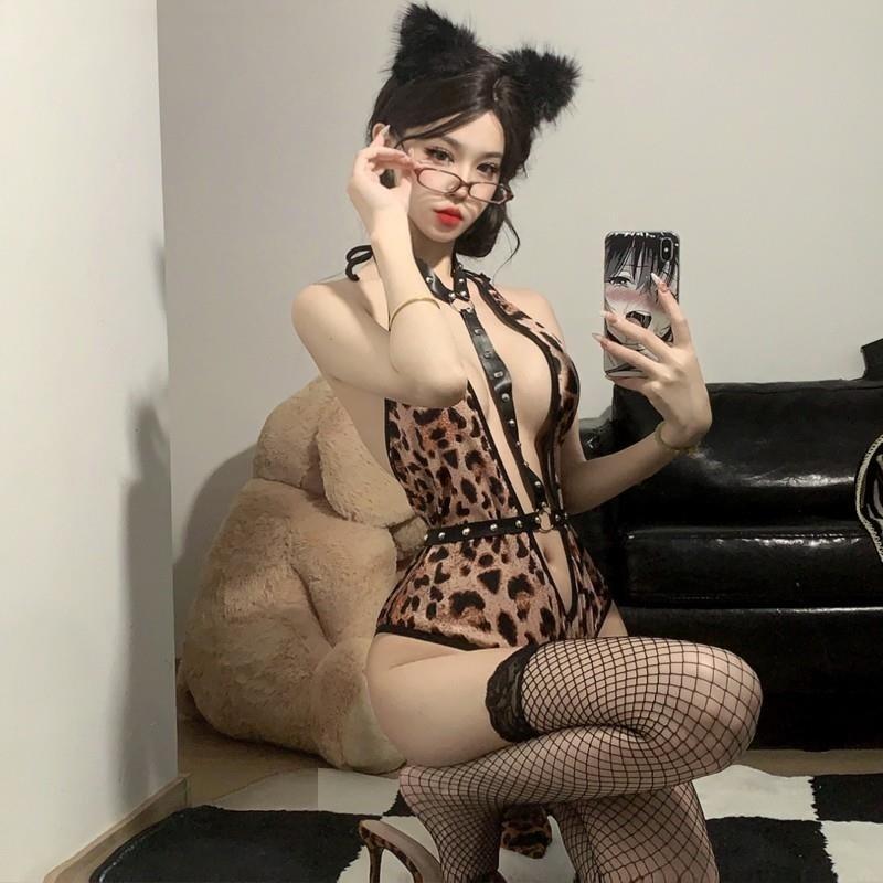 "Taming the Beast" ??Sexy Studded Halter Neck and Passionate Backless??? Leopard Print Bodysuit