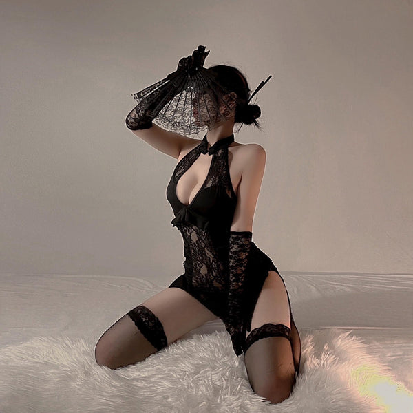 "Retro Romance" 🖤Sexy Lace Cutout Design High-Slit Cheongsam Style Lingerie Uniform🥵